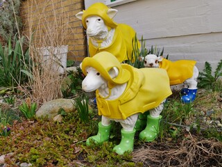 Lustige chafe im Garten mit Regenkleidung