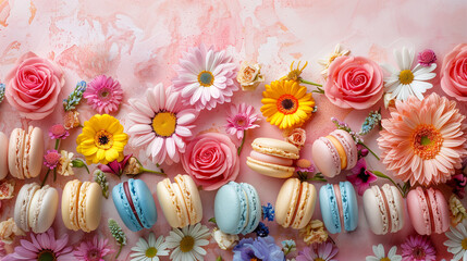 Macaroons of pastel colors and colorful flowers scattered against a pink painted background, top view