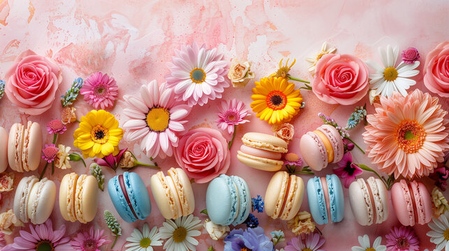 Macaroons of pastel colors and colorful flowers scattered against a pink painted background, top view