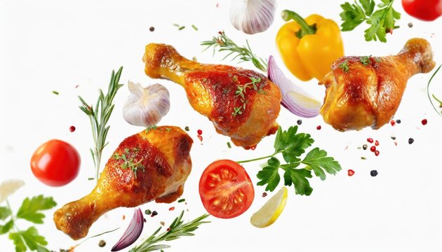 High quality photo. Spicy grilled chicken legs or drumsticks flying with herbs and spices. Floating  chicken drumsticks with vegetables isolated on white background.