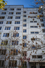 Abandoned residential building in Pripyat ghost city in Chernobyl Exclusion Zone, Ukraine