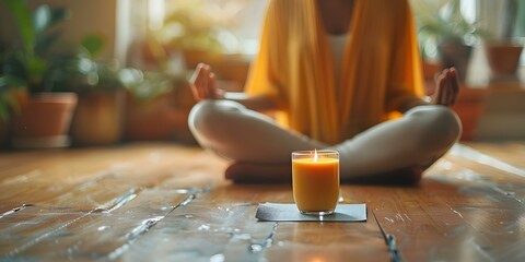 Lifestyle Person Practicing Yoga with Golden Milk in Serene Setting. Concept Yoga Poses, Golden Milk, Serene Setting, Lifestyle, Health & Wellness