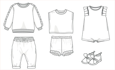 Adorable Designs for Newborns, Vector Illustrations of Baby Clothes, Flat Sketches, and Technical Drawings. Baby Clothing Collection and Sets. Bottom and top set designs for babies.