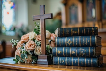Spiritual Glorification at the Communion Service: The Cross and the Holy Books as Symbols of Faith and Grace - obrazy, fototapety, plakaty