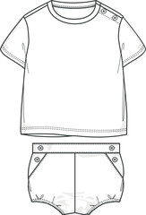 Adorable Designs for Newborns, Vector Illustrations of Baby Clothes, Flat Sketches, and Technical Drawings. Baby Clothing Collection and Sets. Bottom and top set designs for babies.