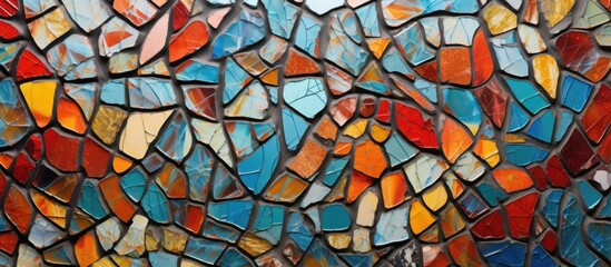 A detailed painting depicting a colorful mosaic pattern covering a wall, created using vintage mosaic glass. The intricate design showcases a variety of hues and shapes,