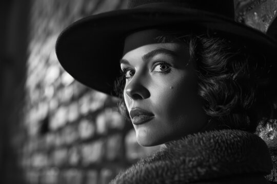 Noir aesthetic of beautiful face of woman with hat banner with copy space