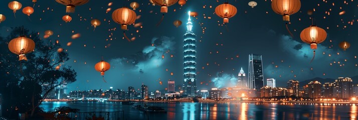 Naklejka premium Taipei 101 and Lantern-filled Skyline at Night: A Stylized Urban Dreamscape