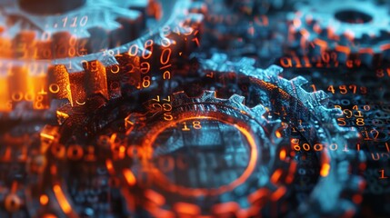 Close-up of glowing gears with binary code overlay. Concept of data encryption and cybersecurity for design and print. - obrazy, fototapety, plakaty