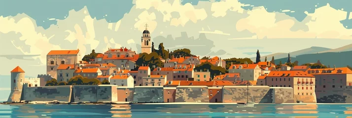 Fotobehang Coastal View of the Ancient City of Korcula, with Historic Architecture and Calm Waters © Rade Kolbas