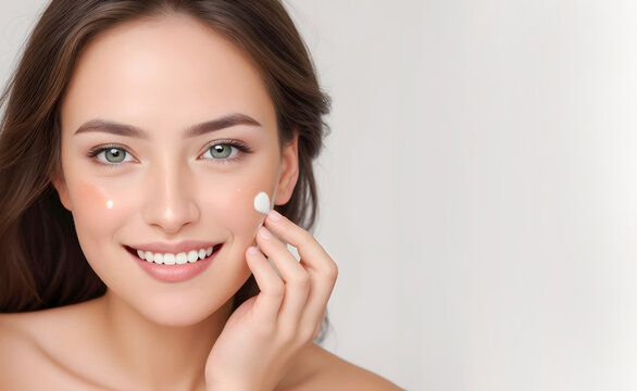 Daily skin care routine. Close-up photo of beautiful Asian model with clean healthy skin applying facial cream beauty product. Skincare and beauty concept, copy space for text.
