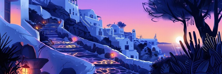 Traditional Village of Oia on Santorini Island at Sunset, with Iconic Windmills and Cliffside Views - obrazy, fototapety, plakaty