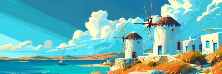The Windmills of Mykonos Vibrantly Illustrated Against the Island's Iconic Blue Skies - obrazy, fototapety, plakaty
