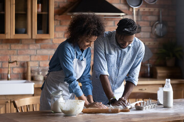African millennial 35s couple cooking together in modern cozy kitchen, kneading dough prepare...