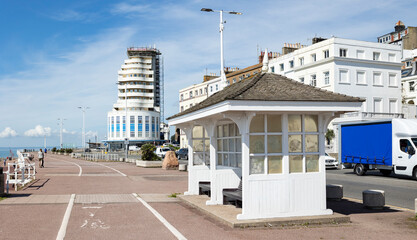 St Leonards, East Sussex, England 16, August 2023 Art deco seaside beach shelter. A beautiful and...