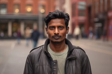 Indian Man in his 20s or 30s talking head shoulders shot bokeh out of focus background on a cosmopolitan western street vox pop website review or questionnaire candid photo - obrazy, fototapety, plakaty