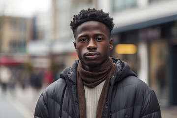 A Black Man in his 20s or 30s talking head shoulders shot bokeh out of focus background on a cosmopolitan western street vox pop website review or questionnaire candid photo - obrazy, fototapety, plakaty