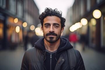 Arab Man in his 20s or 30s talking head shoulders shot bokeh out of focus background on a cosmopolitan western street vox pop website review or questionnaire candid photo - obrazy, fototapety, plakaty