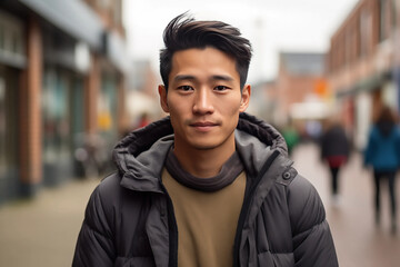 Asian Man in his 20s or 30s talking head shoulders shot bokeh out of focus background on a cosmopolitan western street vox pop website review or questionnaire candid photo - obrazy, fototapety, plakaty