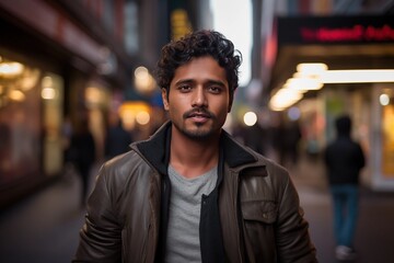 Indian Man in his 20s or 30s talking head shoulders shot bokeh out of focus background on a cosmopolitan western street vox pop website review or questionnaire candid photo - obrazy, fototapety, plakaty