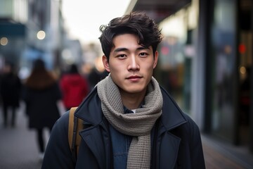 A Korean Man in his 20s or 30s talking head shoulders shot bokeh out of focus background on a cosmopolitan western street vox pop website review or questionnaire candid photo - obrazy, fototapety, plakaty