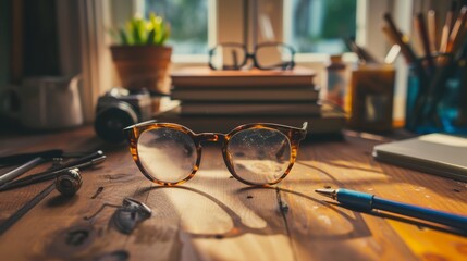 Designer's glasses on a messy desk with sketches and creative materials. Close-up with warm evening light