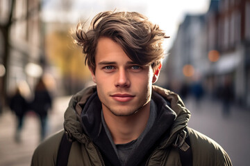 A White Man in his 20s or 30s talking head shoulders shot bokeh out of focus background on a cosmopolitan western street vox pop website review or questionnaire candid photo - obrazy, fototapety, plakaty