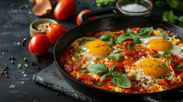 Shakshuka made from two eggs cooked in tomato sauce, with fresh tomatoes, spices, and herbs, all prepared in a black frying pan