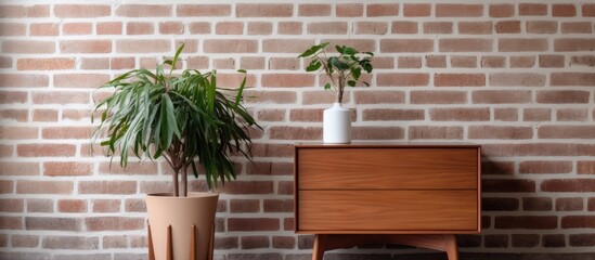 Fototapeta na wymiar A green plant in a vase sits next to a wooden cabinet in a room with white brick walls. The plant adds a touch of nature to the space, complementing the warm wood tones of the cabinet.