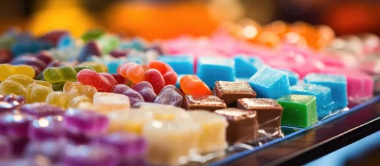 Tuinposter This close-up shot showcases a variety of colorful candies, each with different shapes, sizes, and vibrant hues. The candies are arranged in a visually appealing manner, highlighting their sugary © TheWaterMeloonProjec
