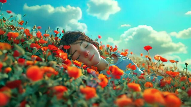3D animation of a teenage girl sleeping in a poppy field in summer.