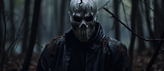 A man wearing a skull mask stands ominously in the eerie woods, waiting for his next victim. The dark silhouette and haunting presence create a chilling scene.