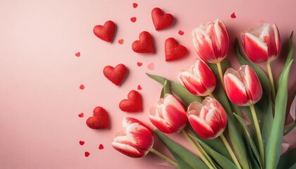 Beautiful tulips and hearts on pink background with space for text. International Women's Day