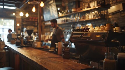 Interior of a trendy coffee shop with barista preparing beverages - obrazy, fototapety, plakaty