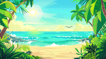 Fototapeta na wymiar Summer banner in cartoon vector style with sun, ocean, palm trees and copy space