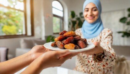 Concept Giving or Charity during Ramadhan Holy Month, Female Muslim Hand Over A Plate of Dates Fruit  hurma to Other. Ifthar and Ramadan Kareem Concepts. - 754570077