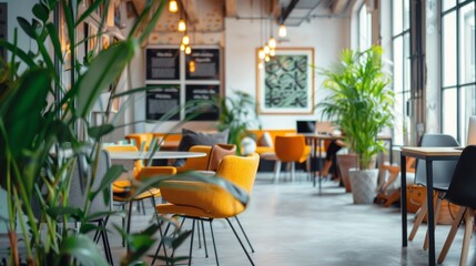 Modern cafe interior with stylish furniture and plant decor. Comfortable and trendy urban coffee shop atmosphere