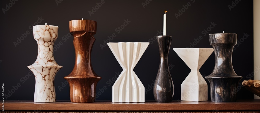 Poster several vases of different sizes and shapes are placed neatly on top of a wooden shelf. each vase ap