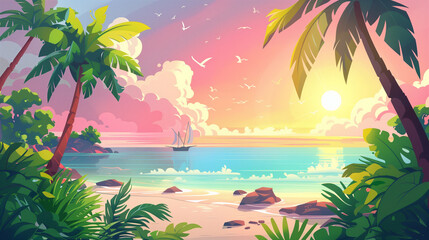 Fototapeta na wymiar Summer vector cartoon illustration with sea, palm trees and pink sunset banner
