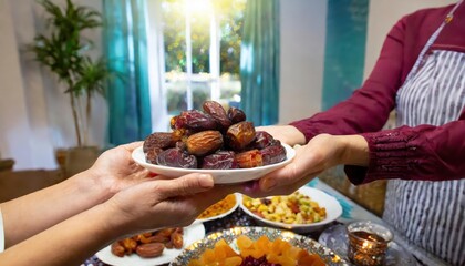 Concept Giving or Charity during Ramadhan Holy Month, Female Muslim Hand Over A Plate of Dates Fruit  hurma to Other. Ifthar and Ramadan Kareem Concepts.