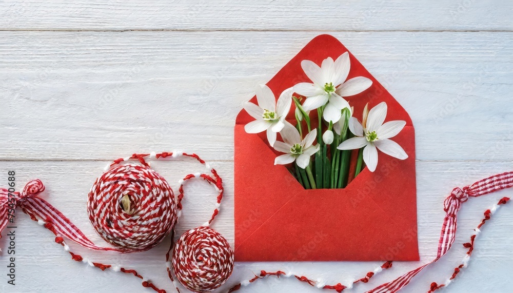 Wall mural Envelope with spring flowers snowdrops and red and white martinets, tassel cord, a symbol of the Martisor holiday, Baba Marta on a white wooden background. Greeting card. - Wall murals
