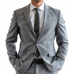 A man in a very sleek  grey business suit. With their expertise in leading meetings and decision-making, they stand out as visionary leaders. Their appearance isolated on white background.