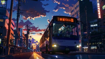 a bus driving in tokyo city in japan in the evening. anime cozy lofi artstyle. wallpaper background 16:9 - obrazy, fototapety, plakaty