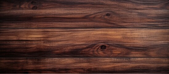 Fototapeta premium A detailed view of a dark brown wooden surface with visible knots and a natural stripe pattern. The texture is suitable for design and decoration concepts, offering a natural abstract wallpaper option