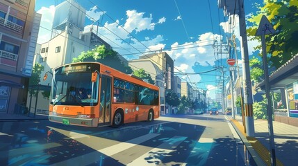 a bus driving in tokyo city in japan in the daytime. anime cozy lofi artstyle. wallpaper background 16:9