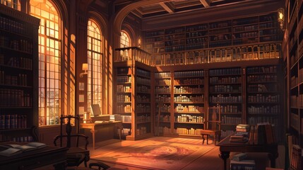 a school library in cozy cartoonish anime art style. wallpaper background 16:9