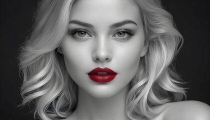 Fototapeta premium Pop-art framework, blonde model woman portrait, black and white with red lips