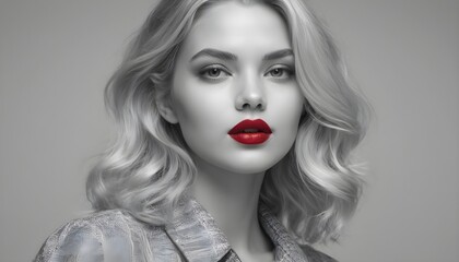 Pop-art framework, blonde model woman portrait, black and white with red lips
