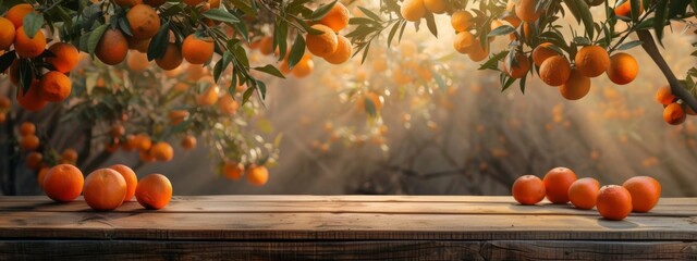 Golden Hour at the Orange Grove With Ripe Fruit Resting on a Wooden Surface