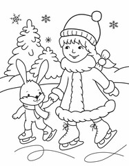 cartoon girl and bunny skating for coloring 